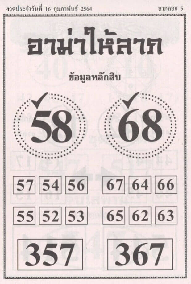 เลขเด็ด หวยอาม่าให้ลาภ งวด 16/02/64