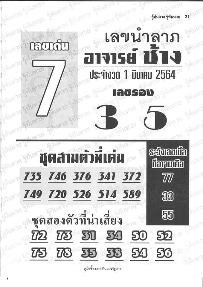 หวยอาจารย์ช้าง แม่นๆงวดนี้ 01/03/64