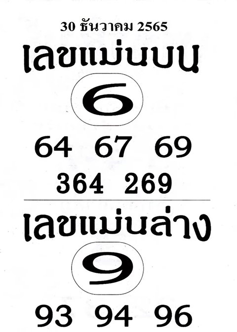 เลขเแม่นบนเลขแม่นล่าง หวยงวดนี้ 30/12/65