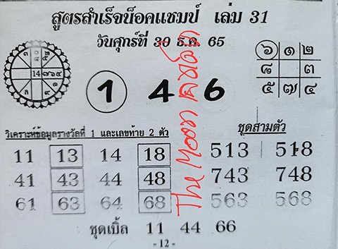 เลขสูตรน็อคแชมป์ หวยงวดนี้ 30/12/65